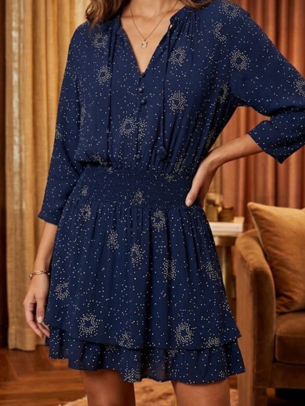 Rails Navy Star Print Long-Sleeve Smocked-Waist Dress Size S